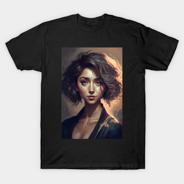 Golden Waves: A Portrait of a Beautiful Girl with Short Wavy Hair T-Shirt by styleandlife